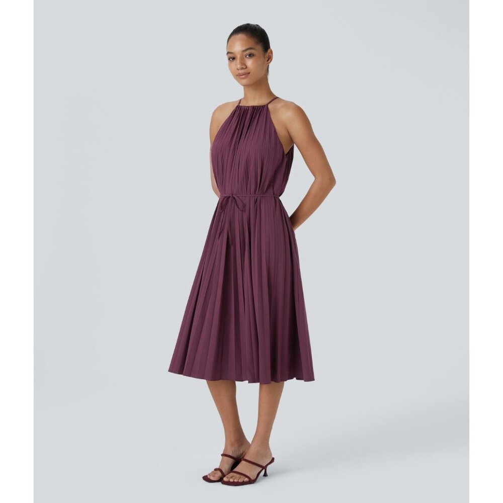 Halara Dress Size Small Breezeful Halter Tie Back Sleeveless Midi Burgundy NWT